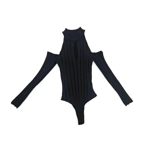 New Jonathan Simkhai Ribbed Bodysuit Women S Black Cold Shoulder Cut Out